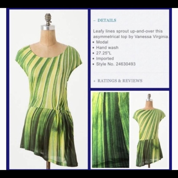 Anthropologie Vanessa Virginia Ivy Green Stripe Asymmetric Tunic - Picture 3 of 7
